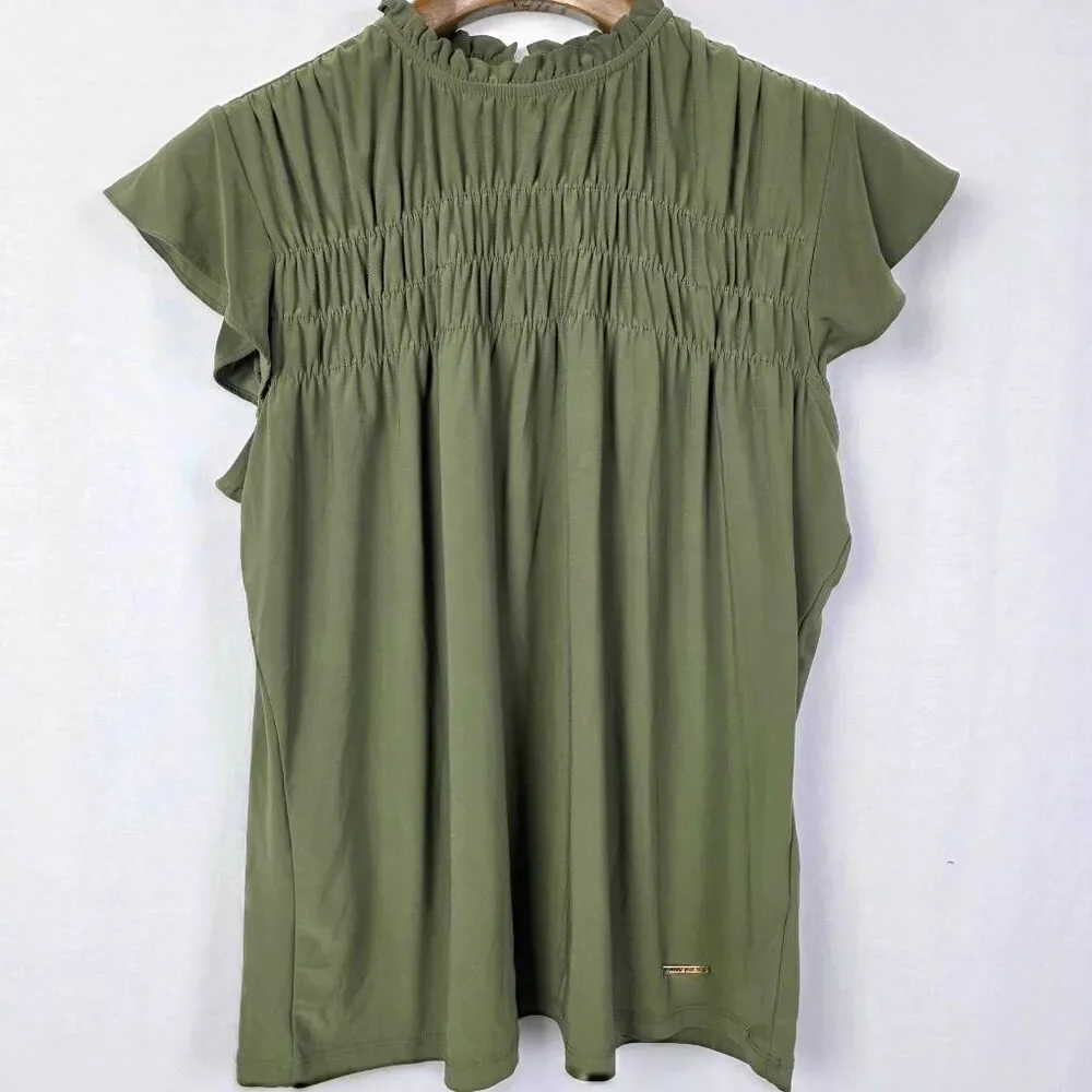Anne Klein Olive Ruffle Blouse Keyhole Small - Picture 3 of 7
